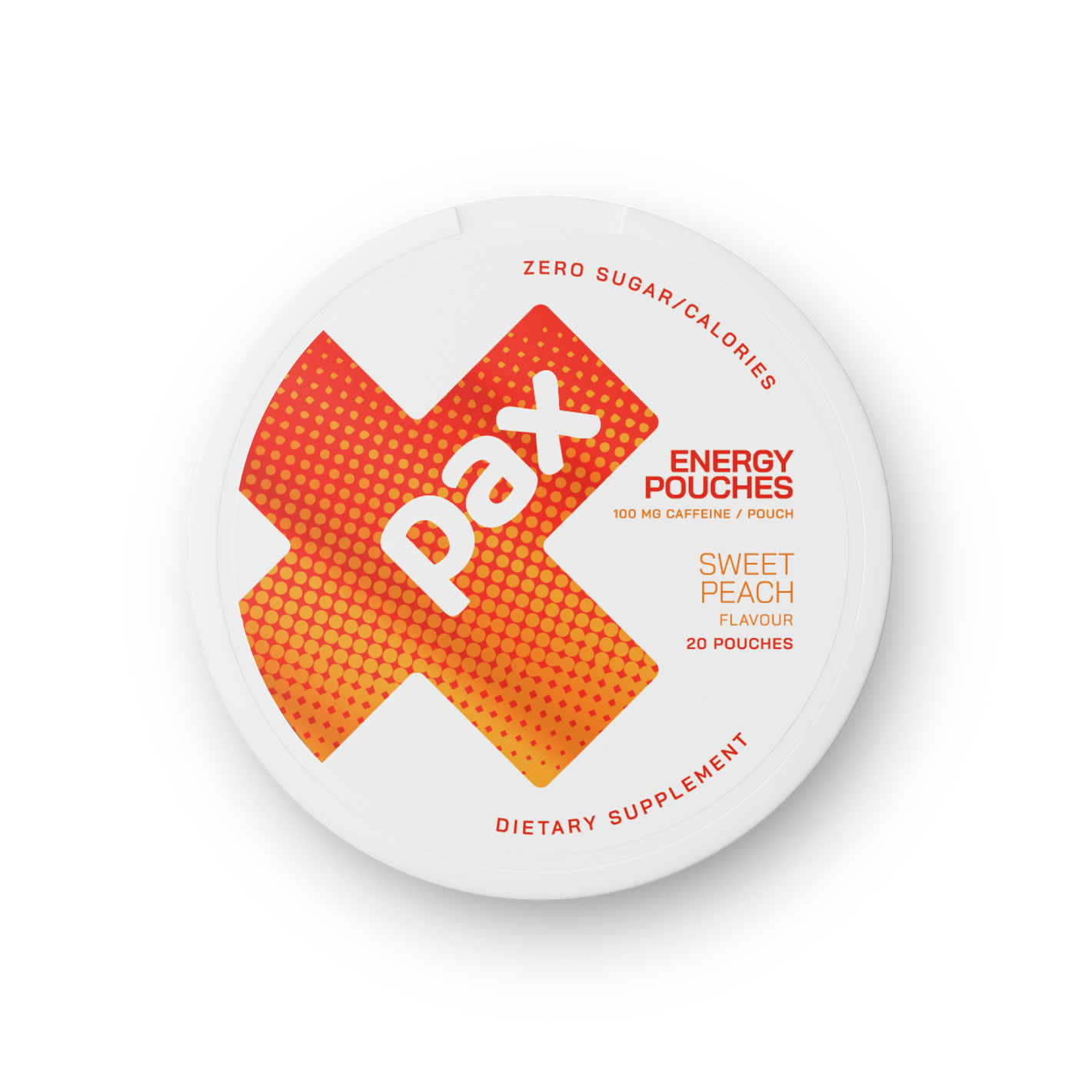 PAX Sweet Peach caffeine pouches tin - front render
