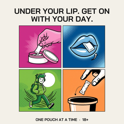 Under your lip. Get on with your day. One pouch at a time, 18 plus.