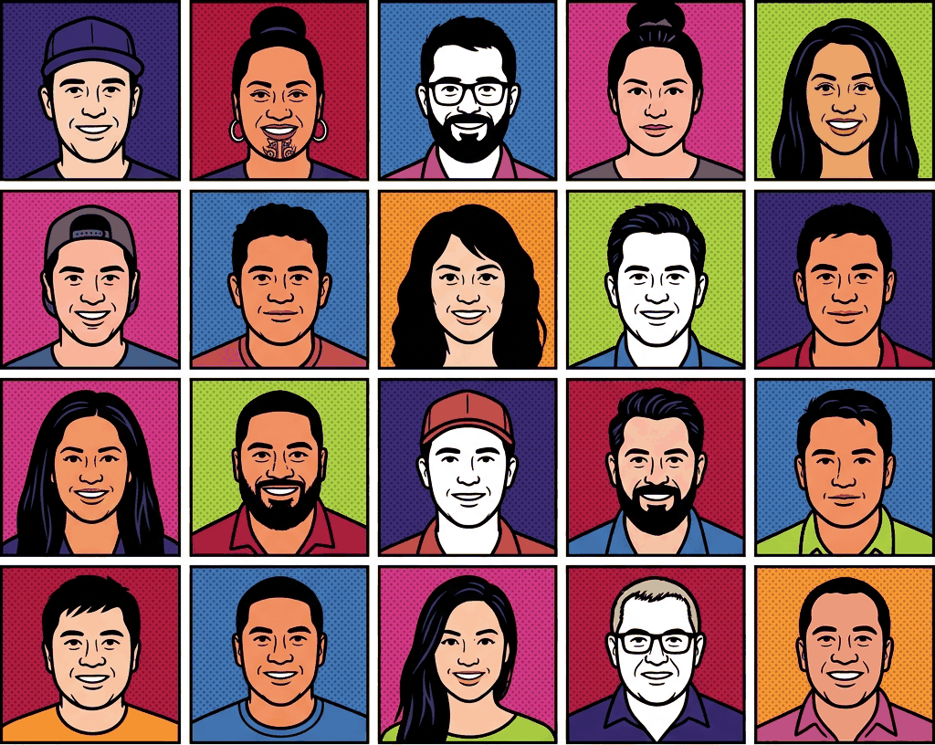 Pop art illustration of twenty different New Zealanders