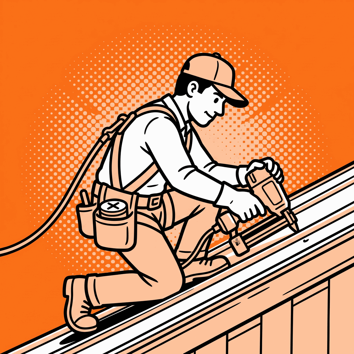 A roofer working, hands full