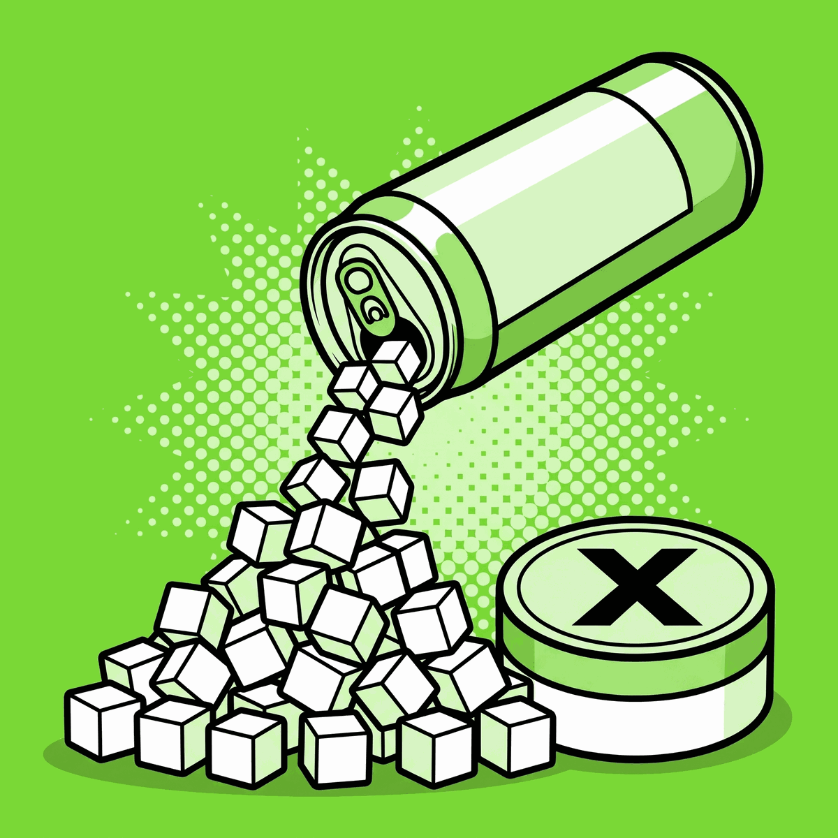 An energy drink can pouring out a heap of sugar cubes beside a closed tin of PAX