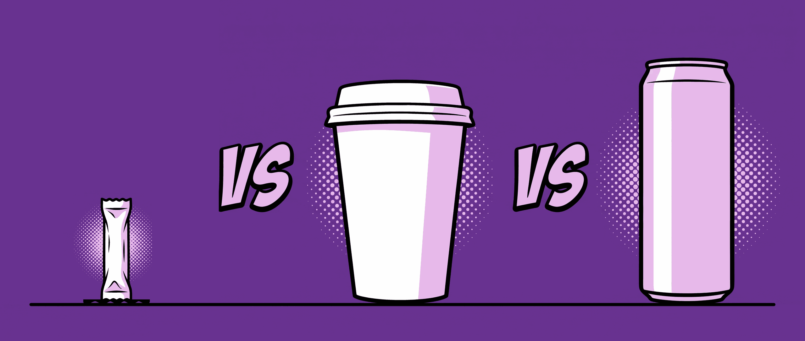 A PAX pouch, a takeaway coffee cup and an energy drink can side by side